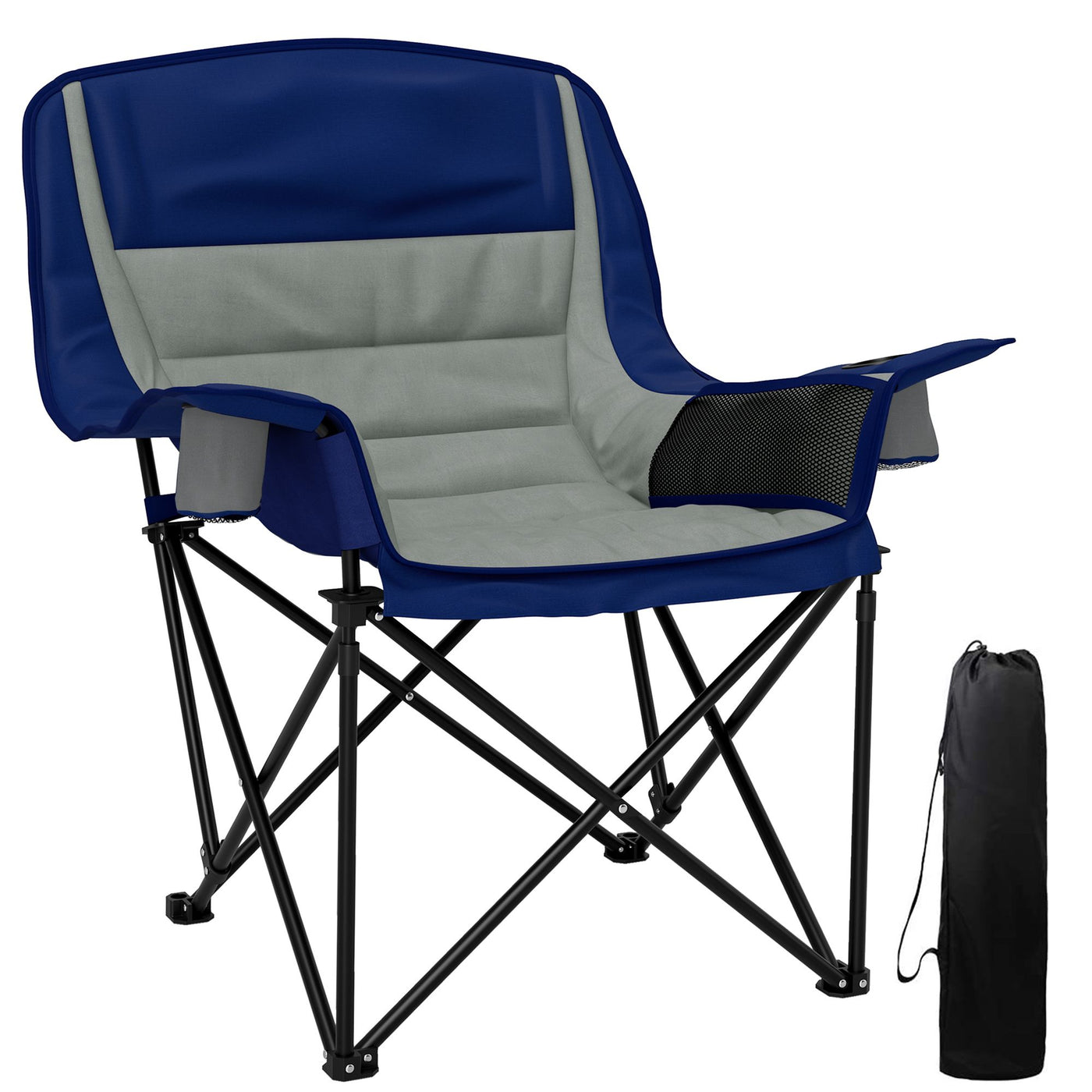 Outsunny Padded Camping Chair for Adults, Portable Folding Camping Chair with Side Pockets, Cup Holders, Carry Bag, Light Gray