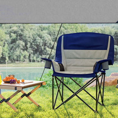 Outsunny Padded Camping Chair for Adults, Portable Folding Camping Chair with Side Pockets, Cup Holders, Carry Bag, Light Gray