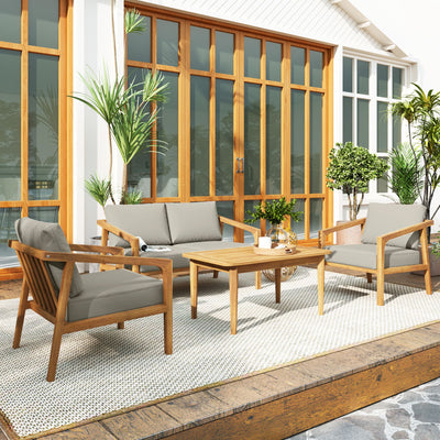 Outsunny 4 Pieces Acacia Wood Patio Furniture Set, Outdoor Sofa Conversation Set w/ Thickened Cushions for Backyard Garden, Teak