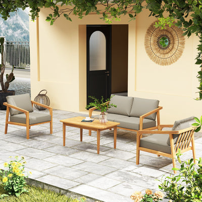 Outsunny 4 Pieces Acacia Wood Patio Furniture Set, Outdoor Sofa Conversation Set w/ Thickened Cushions for Backyard Garden, Teak