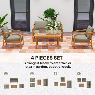 Outsunny 4 Pieces Acacia Wood Patio Furniture Set, Outdoor Sofa Conversation Set w/ Thickened Cushions for Backyard Garden, Teak