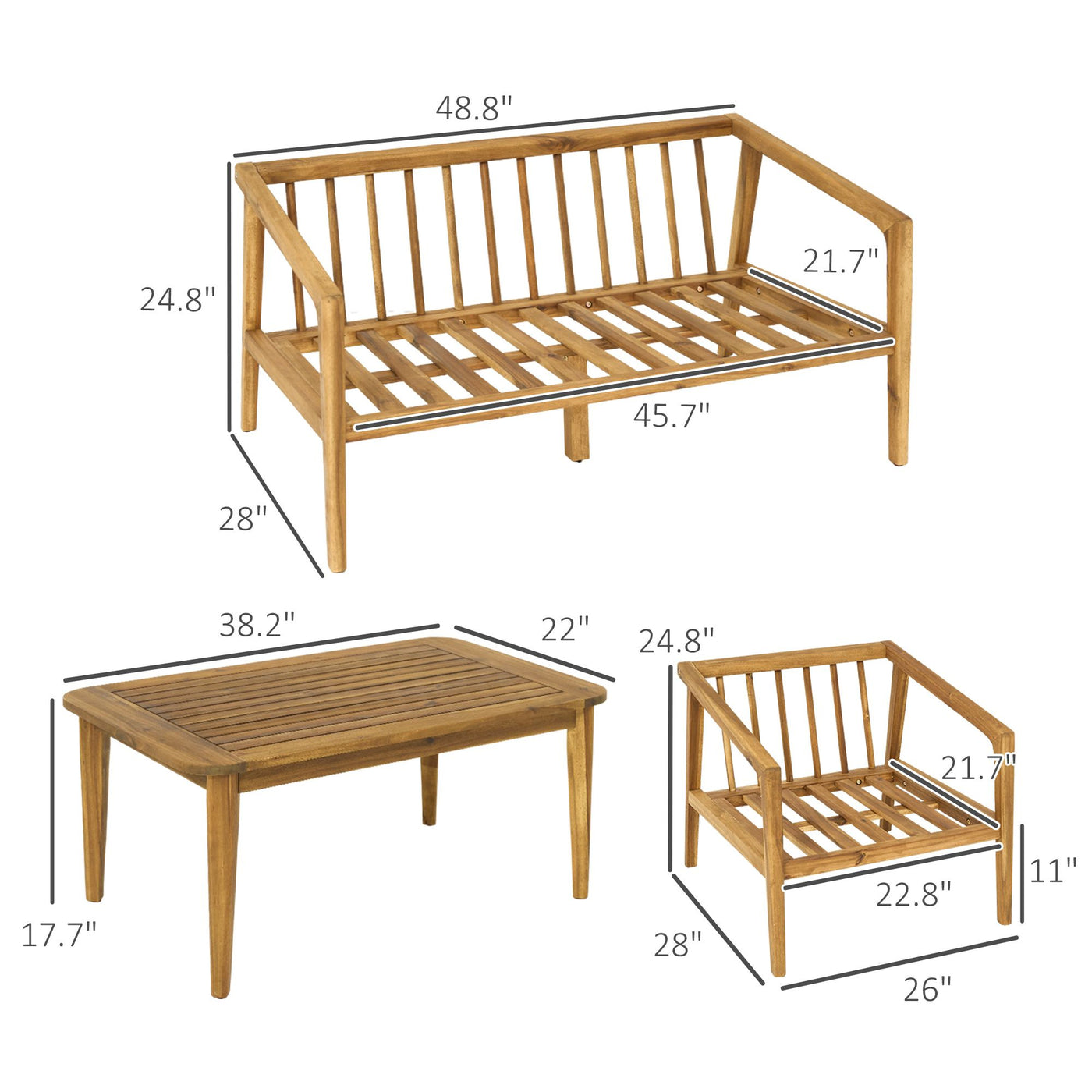 Outsunny 4 Pieces Acacia Wood Patio Furniture Set, Outdoor Sofa Conversation Set w/ Thickened Cushions for Backyard Garden, Teak