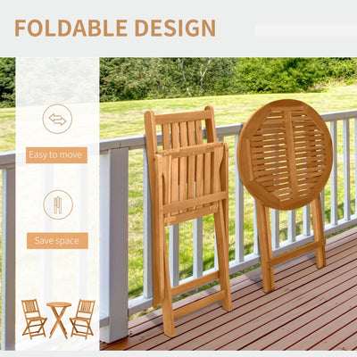 Outsunny 3-Piece Patio Bistro Set, Folding Acacia Wood Bistro, Set Outdoor Square Table Two Chair, Slatted Finish, Teak, Natural