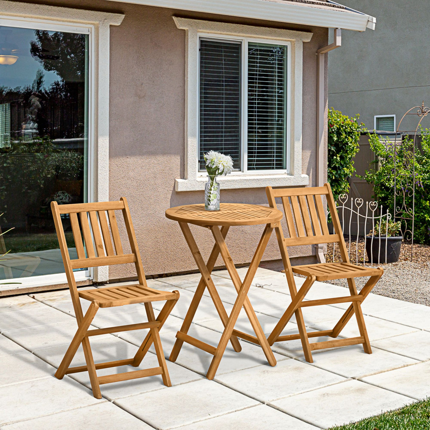 Outsunny 3-Piece Patio Bistro Set, Folding Acacia Wood Bistro, Set Outdoor Square Table Two Chair, Slatted Finish, Teak, Natural