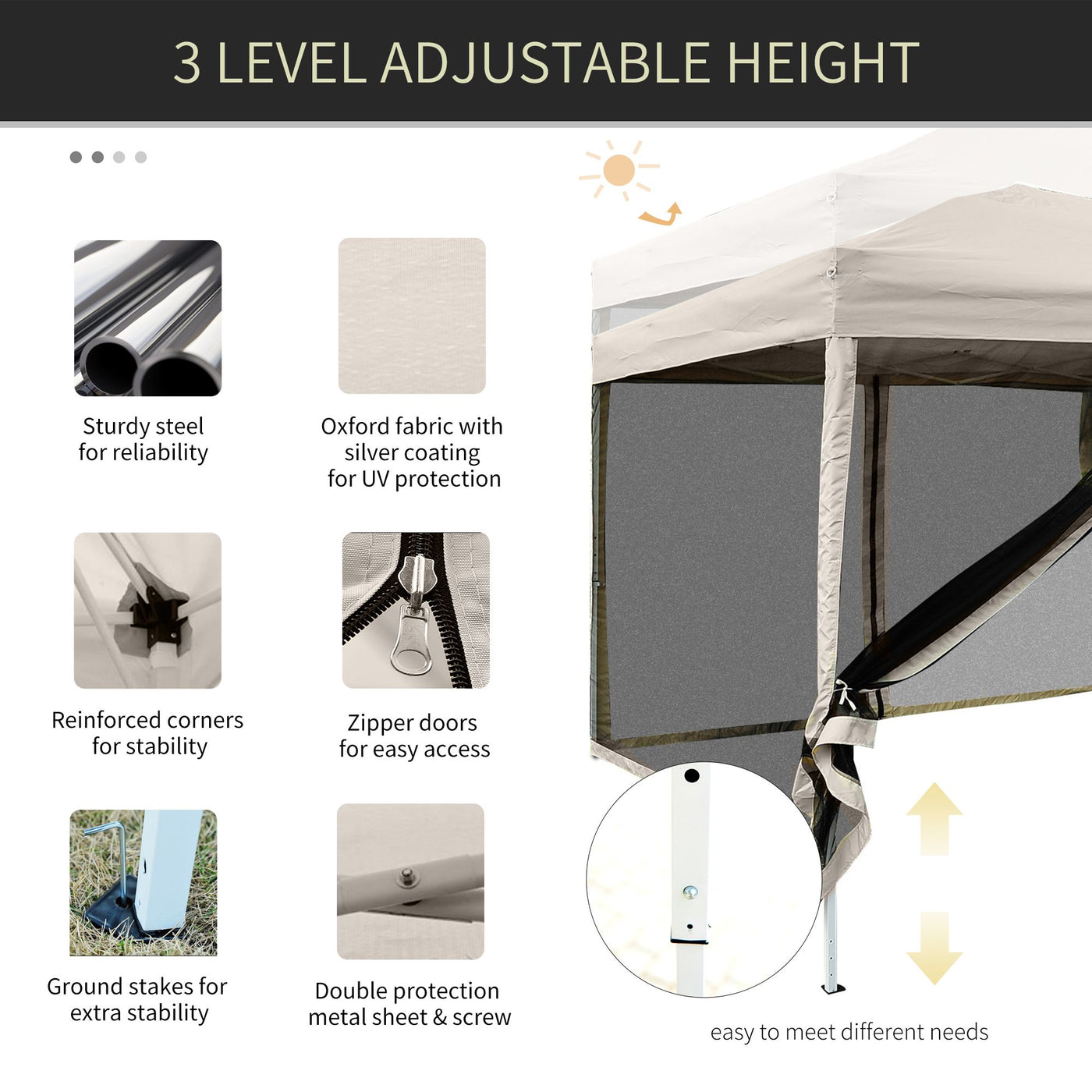 Outsunny 10x10 Pop Up Canopy Tent, Mesh Sidewalls, Adjustable Height, Carry Bag Included - Garden Patio Shade, Easy Setup