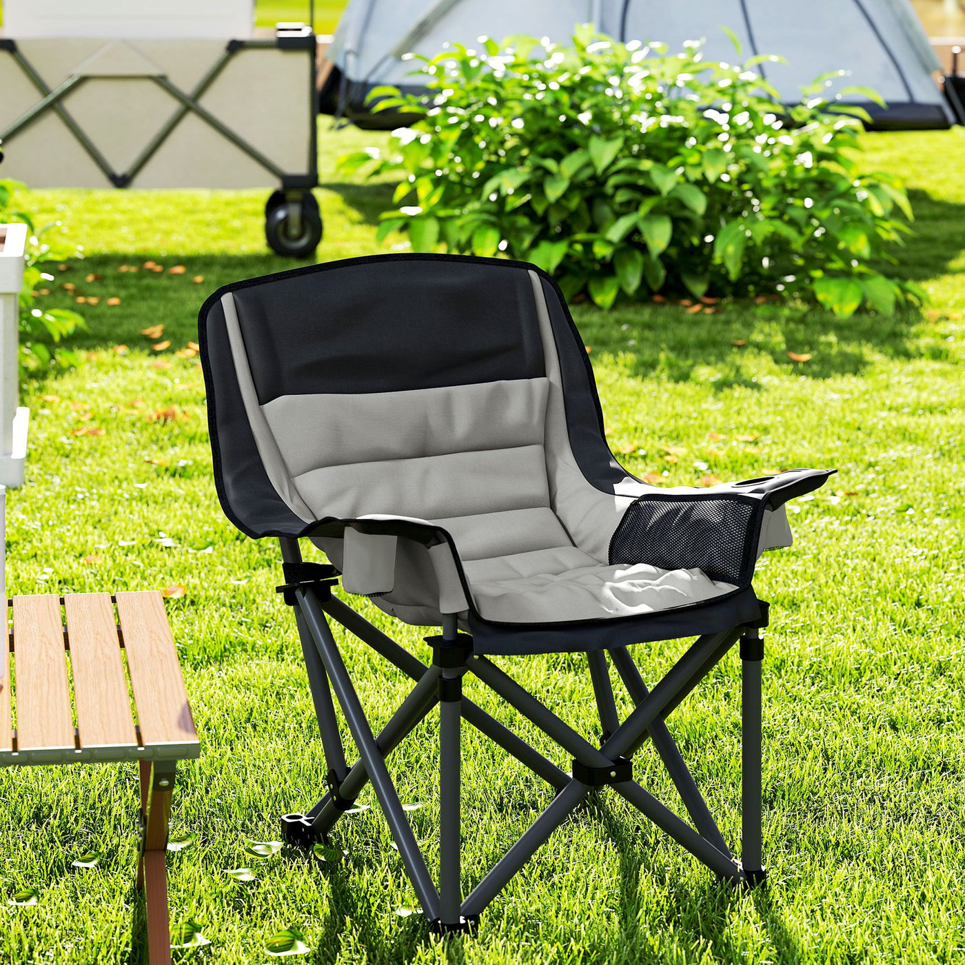 Outsunny Padded Camping Chair for Adults, Portable Folding Camping Chair with Side Pockets, Cup Holders, Carry Bag, Gray