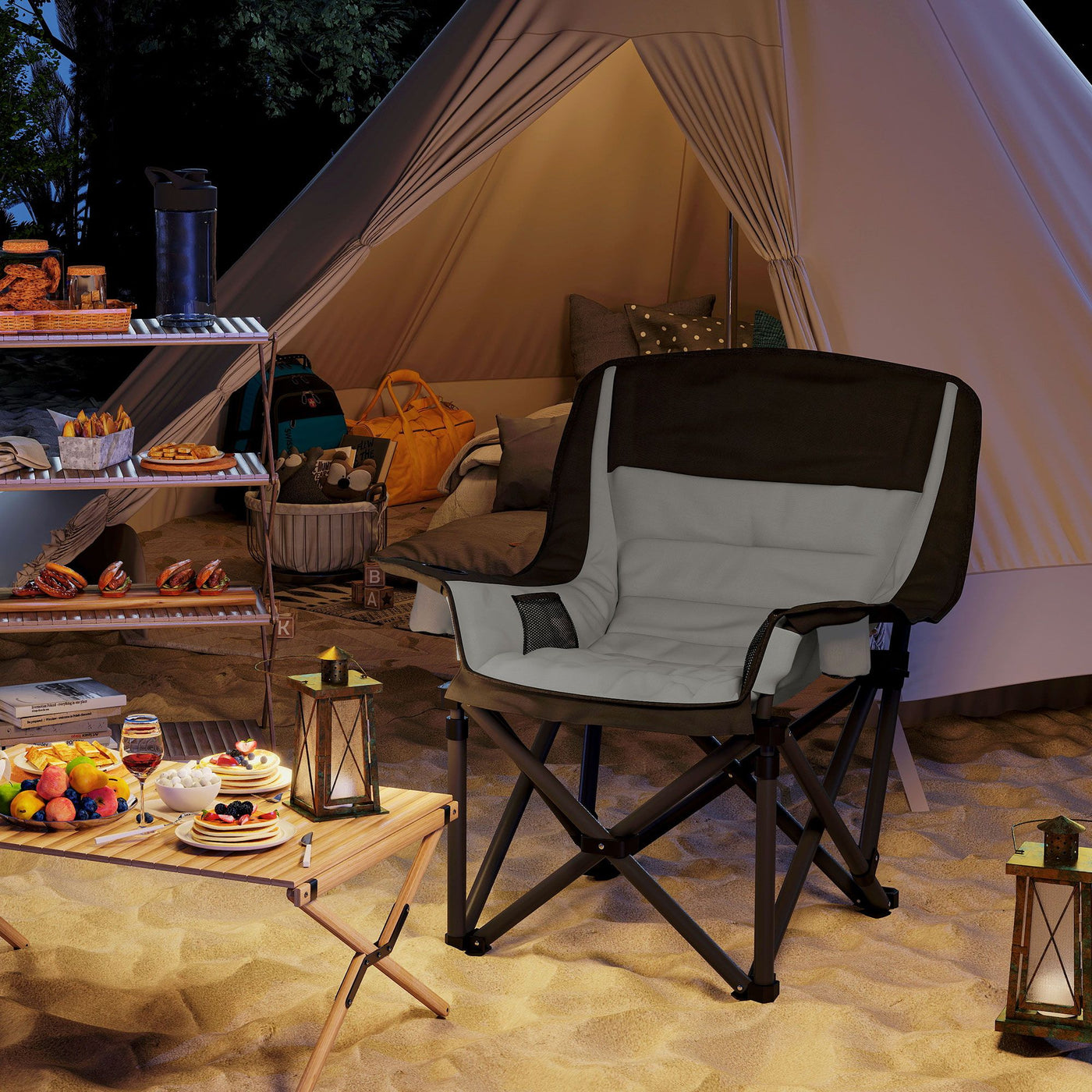 Outsunny Padded Camping Chair for Adults, Portable Folding Camping Chair with Side Pockets, Cup Holders, Carry Bag, Gray
