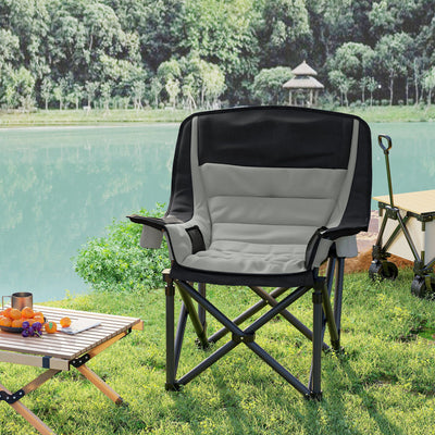 Outsunny Padded Camping Chair for Adults, Portable Folding Camping Chair with Side Pockets, Cup Holders, Carry Bag, Gray