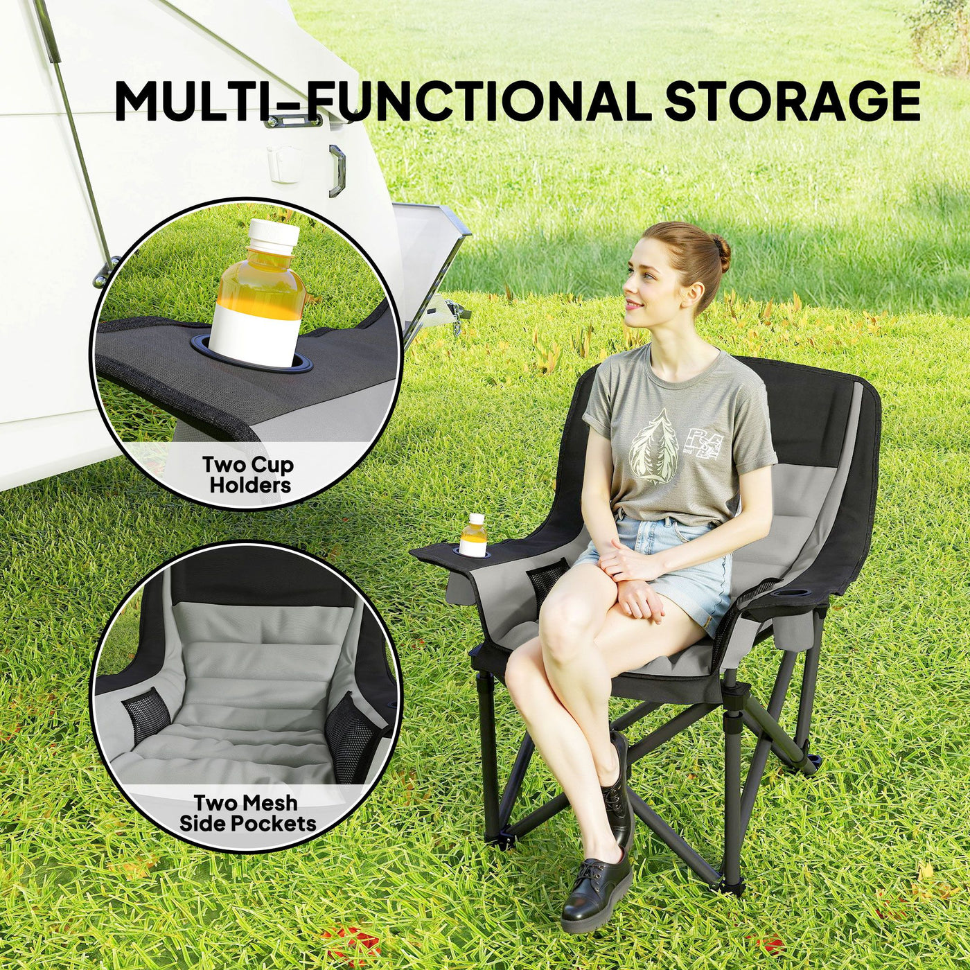 Outsunny Padded Camping Chair for Adults, Portable Folding Camping Chair with Side Pockets, Cup Holders, Carry Bag, Gray