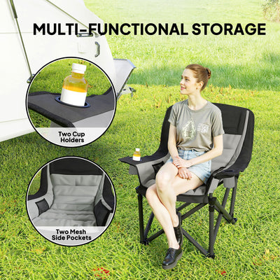 Outsunny Padded Camping Chair for Adults, Portable Folding Camping Chair with Side Pockets, Cup Holders, Carry Bag, Gray