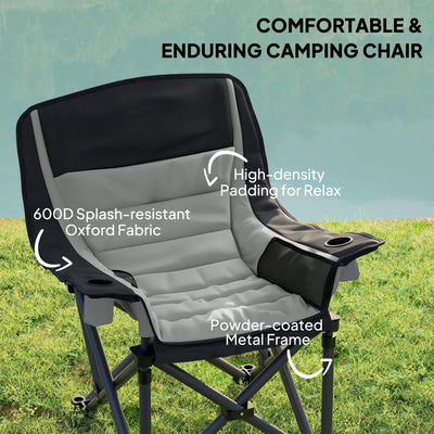Outsunny Padded Camping Chair for Adults, Portable Folding Camping Chair with Side Pockets, Cup Holders, Carry Bag, Gray