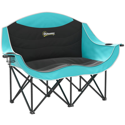 Outsunny Padded Folding Camp Chair for Adults, Double Camping Chairwith Armrests, Cup Holders, Carry Bag for Outdoor, Green
