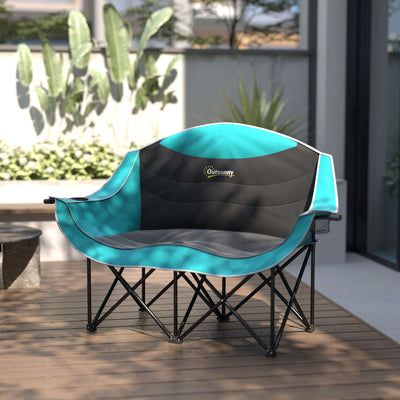 Outsunny Padded Folding Camp Chair for Adults, Double Camping Chairwith Armrests, Cup Holders, Carry Bag for Outdoor, Green