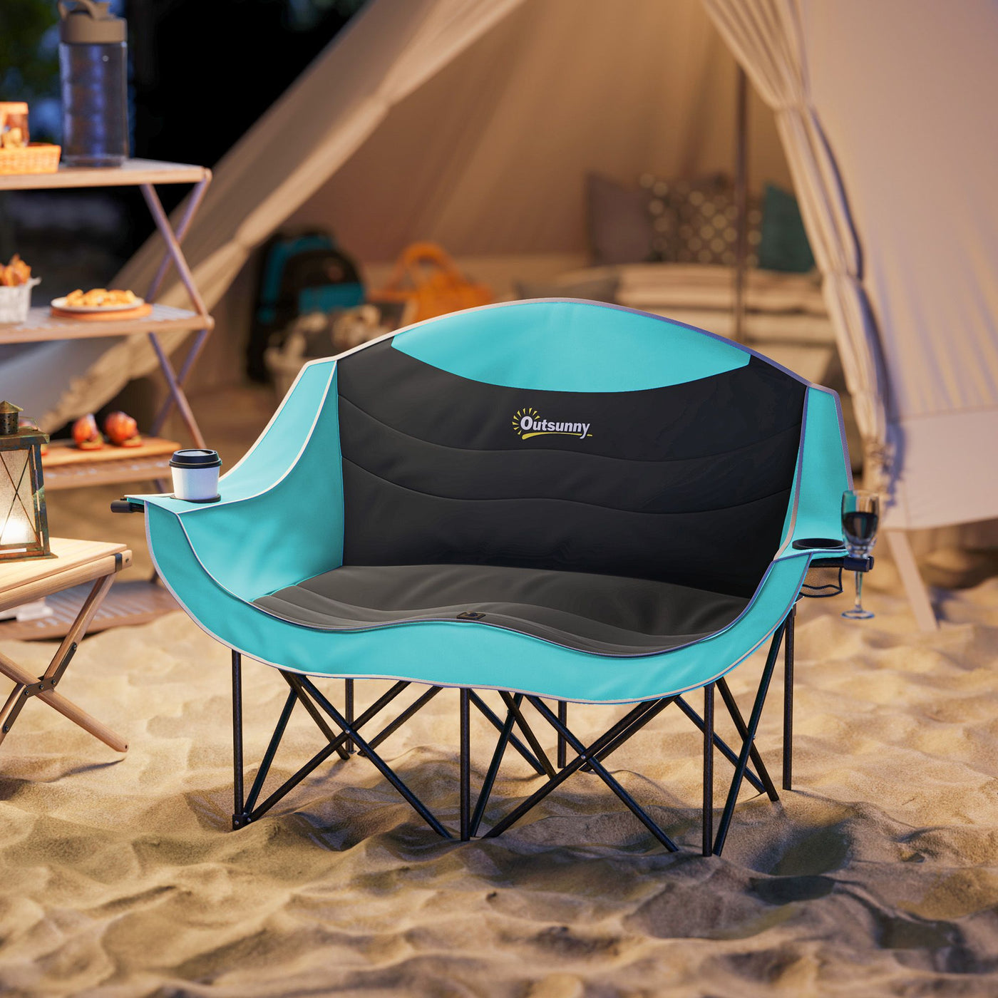 Outsunny Padded Folding Camp Chair for Adults, Double Camping Chairwith Armrests, Cup Holders, Carry Bag for Outdoor, Green