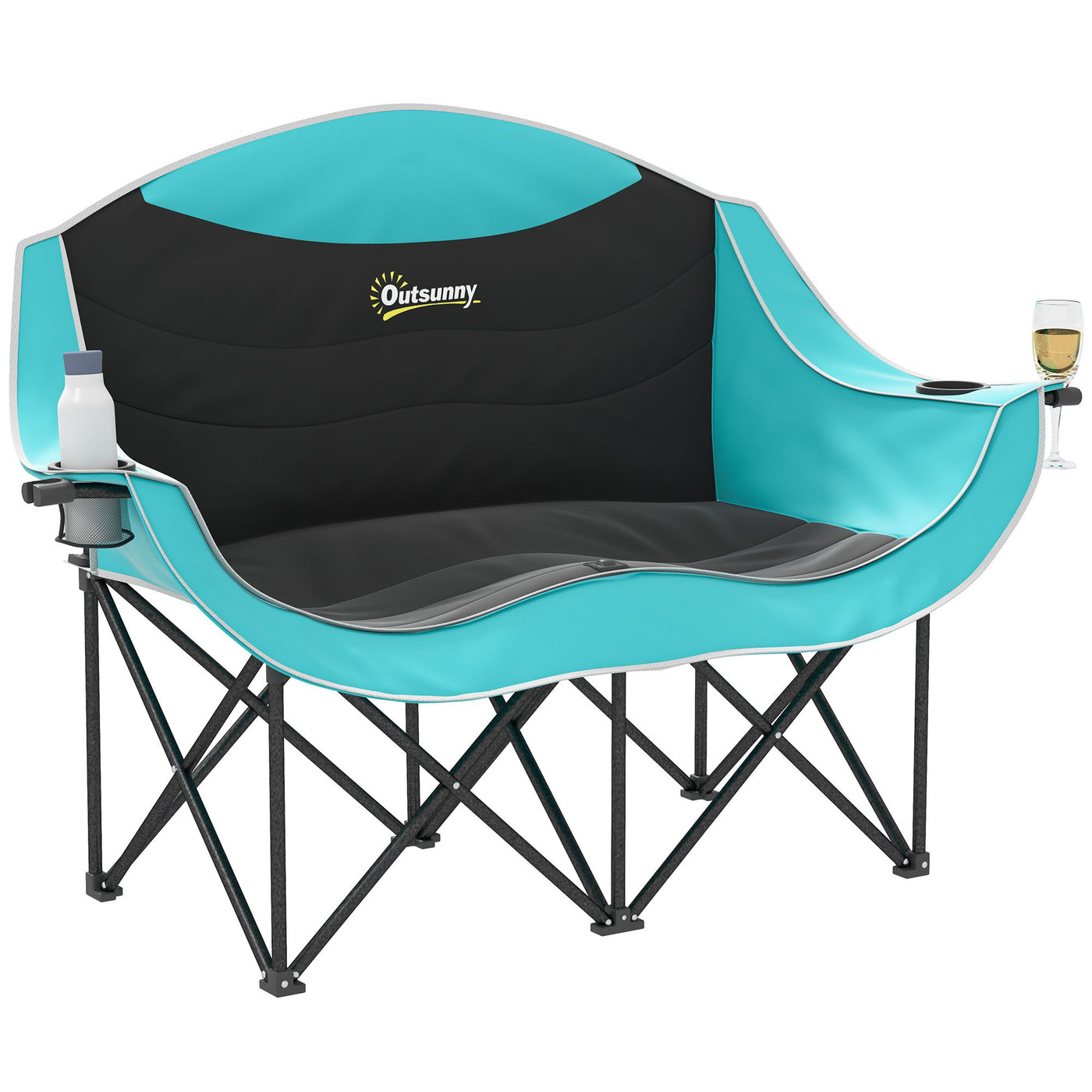 Outsunny Padded Folding Camp Chair for Adults, Double Camping Chairwith Armrests, Cup Holders, Carry Bag for Outdoor, Green
