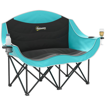 Outsunny Padded Folding Camp Chair for Adults, Double Camping Chairwith Armrests, Cup Holders, Carry Bag for Outdoor, Green