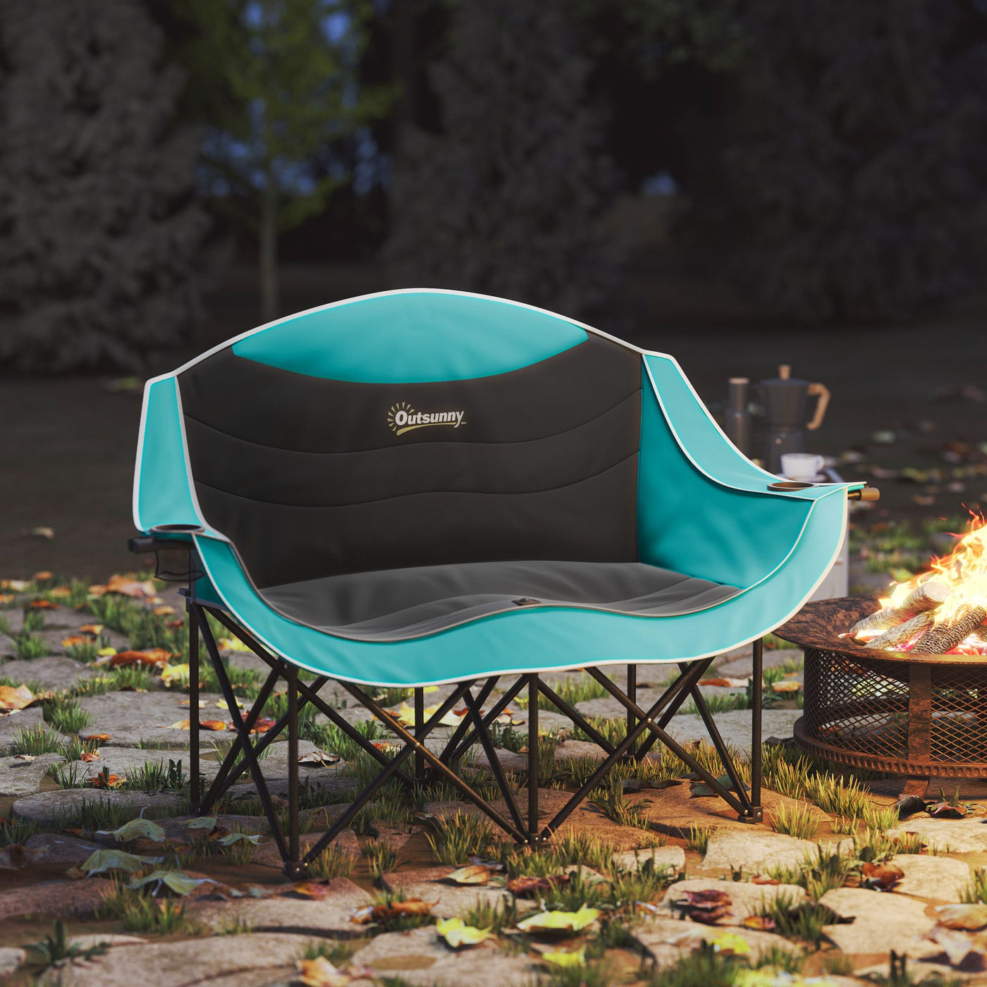 Outsunny Padded Folding Camp Chair for Adults, Double Camping Chairwith Armrests, Cup Holders, Carry Bag for Outdoor, Green