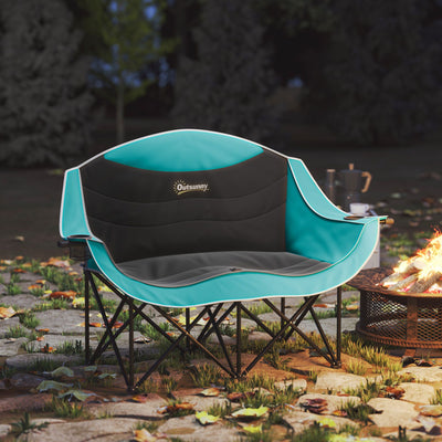 Outsunny Padded Folding Camp Chair for Adults, Double Camping Chairwith Armrests, Cup Holders, Carry Bag for Outdoor, Green
