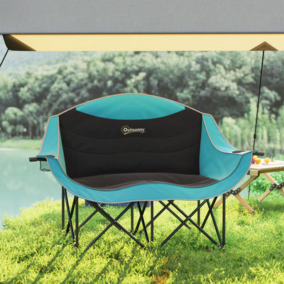 Outsunny Padded Folding Camp Chair for Adults, Double Camping Chairwith Armrests, Cup Holders, Carry Bag for Outdoor, Green