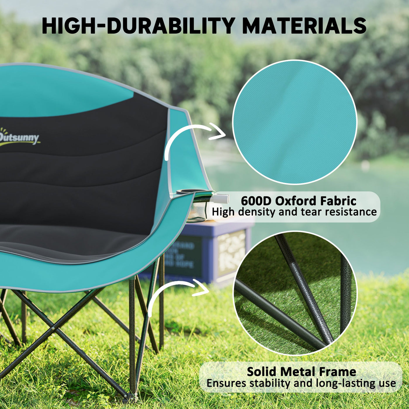 Outsunny Padded Folding Camp Chair for Adults, Double Camping Chairwith Armrests, Cup Holders, Carry Bag for Outdoor, Green