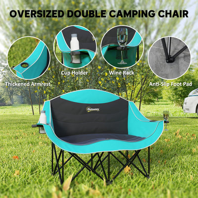 Outsunny Padded Folding Camp Chair for Adults, Double Camping Chairwith Armrests, Cup Holders, Carry Bag for Outdoor, Green
