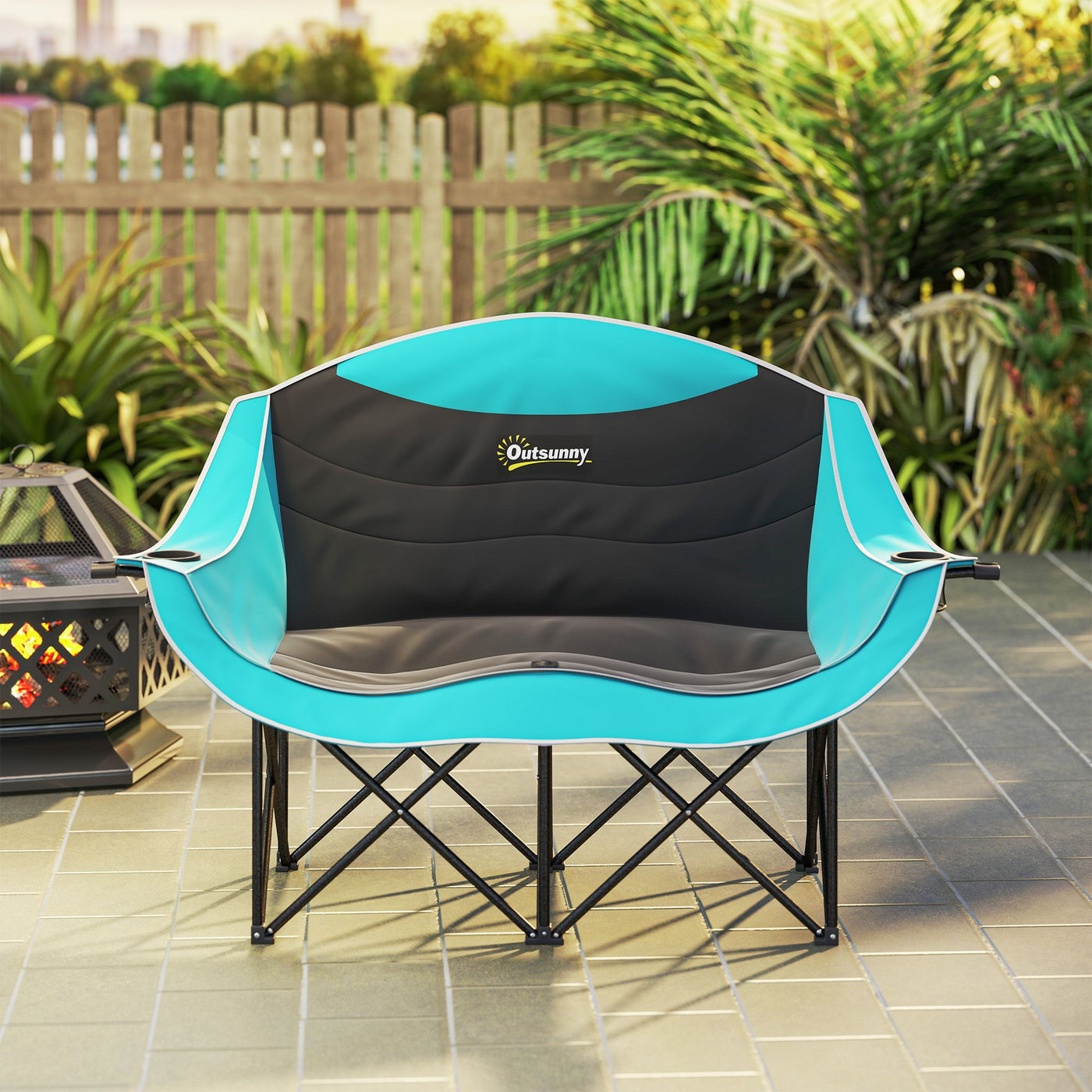 Outsunny Padded Folding Camp Chair for Adults, Double Camping Chairwith Armrests, Cup Holders, Carry Bag for Outdoor, Green
