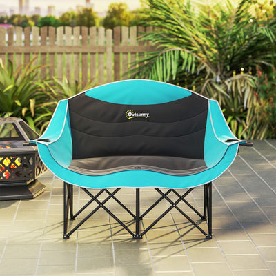 Outsunny Padded Folding Camp Chair for Adults, Double Camping Chairwith Armrests, Cup Holders, Carry Bag for Outdoor, Green