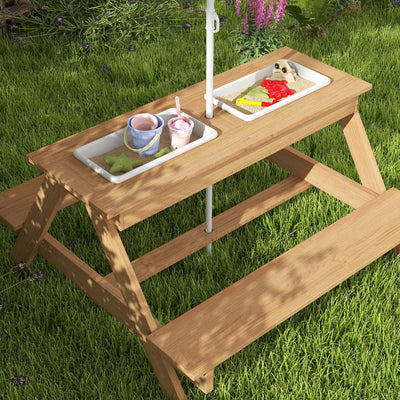 Qaba Wooden Outdoor Kids Picnic Table with Removable Umbrella, Children Sand and Water Activity Table for Patio, Mixed Color