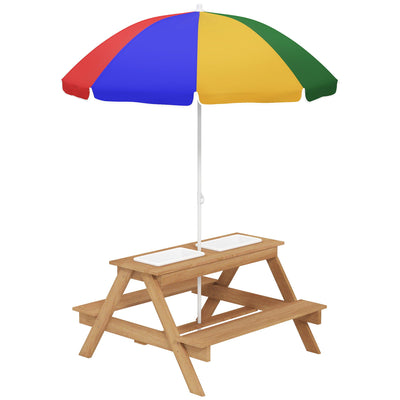 Qaba Wooden Outdoor Kids Picnic Table with Removable Umbrella, Children Sand and Water Activity Table for Patio, Mixed Color