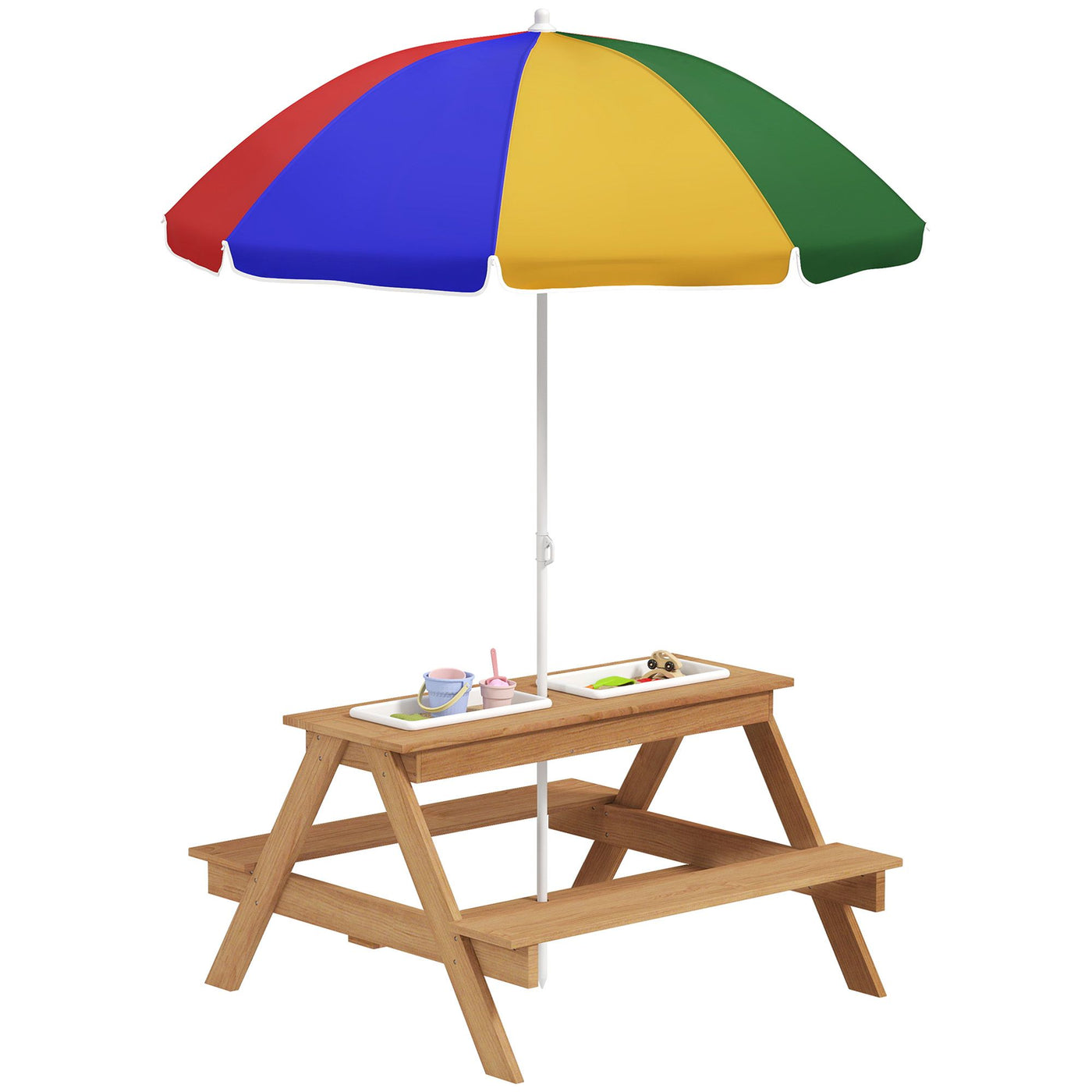 Qaba Wooden Outdoor Kids Picnic Table with Removable Umbrella, Children Sand and Water Activity Table for Patio, Mixed Color