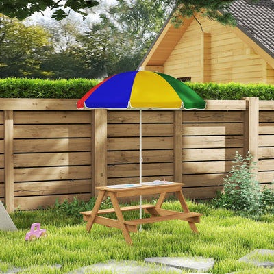 Qaba Wooden Outdoor Kids Picnic Table with Removable Umbrella, Children Sand and Water Activity Table for Patio, Mixed Color