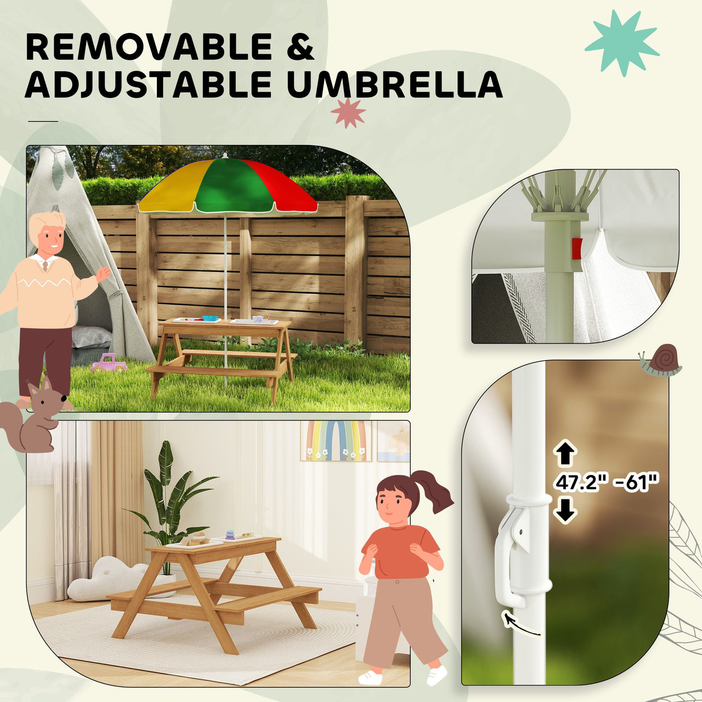 Qaba Wooden Outdoor Kids Picnic Table with Removable Umbrella, Children Sand and Water Activity Table for Patio, Mixed Color