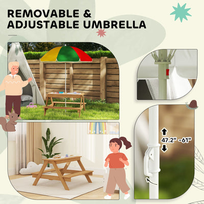 Qaba Wooden Outdoor Kids Picnic Table with Removable Umbrella, Children Sand and Water Activity Table for Patio, Mixed Color