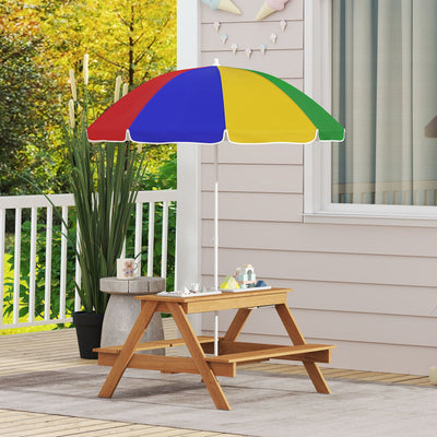 Qaba Wooden Outdoor Kids Picnic Table with Removable Umbrella, Children Sand and Water Activity Table for Patio, Mixed Color