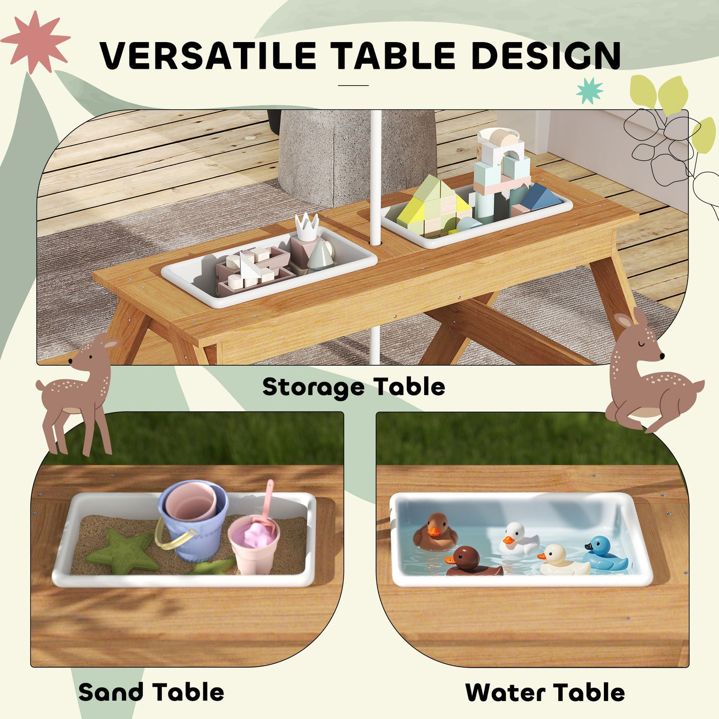Qaba Wooden Outdoor Kids Picnic Table with Removable Umbrella, Children Sand and Water Activity Table for Patio, Mixed Color
