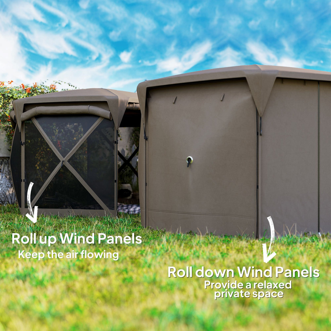 Outsunny 11 x 11ft Pop Up Gazebo Screen Tent with Removable Roof Cover, Roll-up Wind Panels for Camping, Backyard, Brown