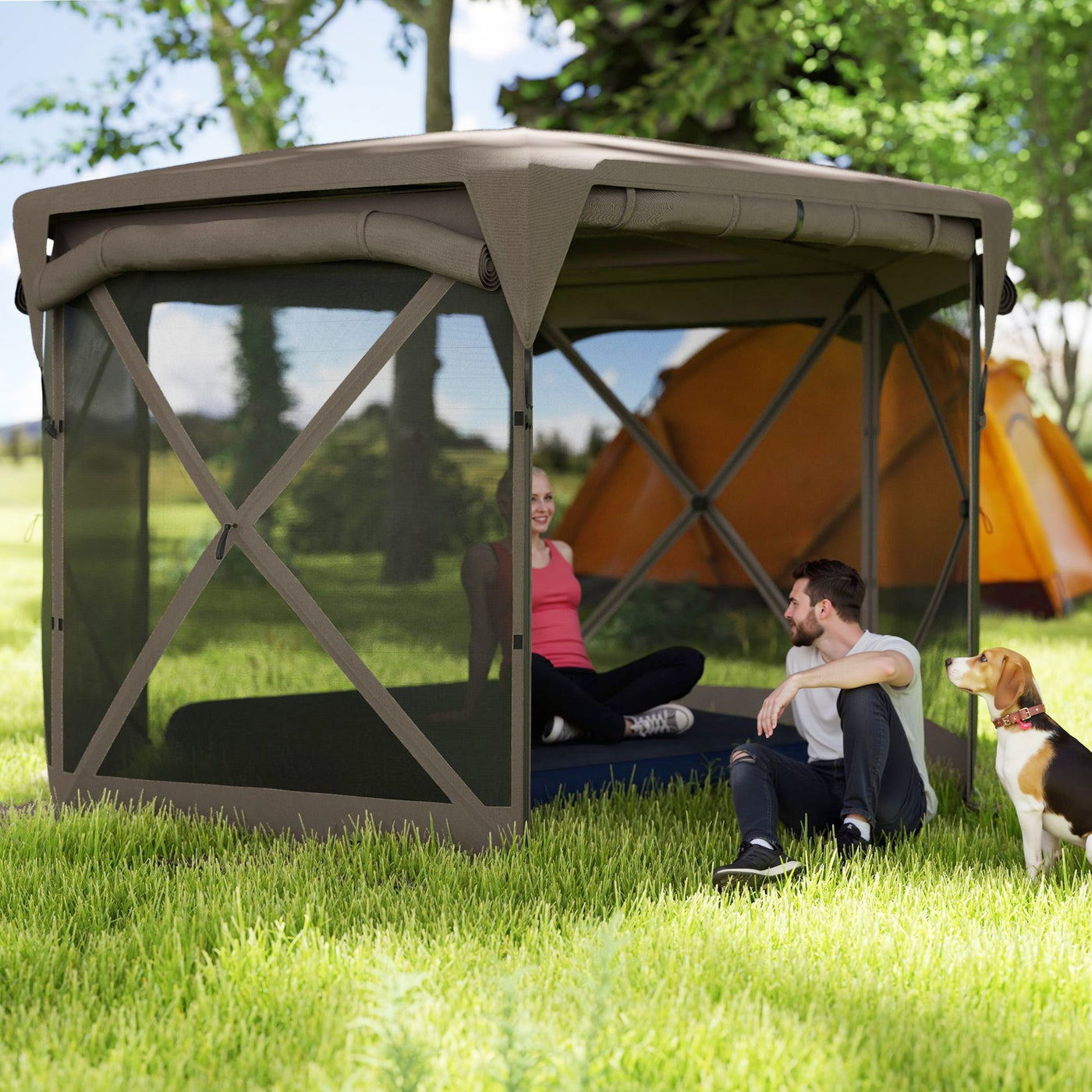 Outsunny 11 x 11ft Pop Up Gazebo Screen Tent with Removable Roof Cover, Roll-up Wind Panels for Camping, Backyard, Brown