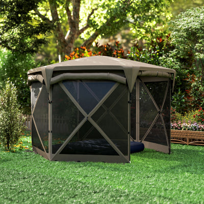 Outsunny 11 x 11ft Pop Up Gazebo Screen Tent with Removable Roof Cover, Roll-up Wind Panels for Camping, Backyard, Brown