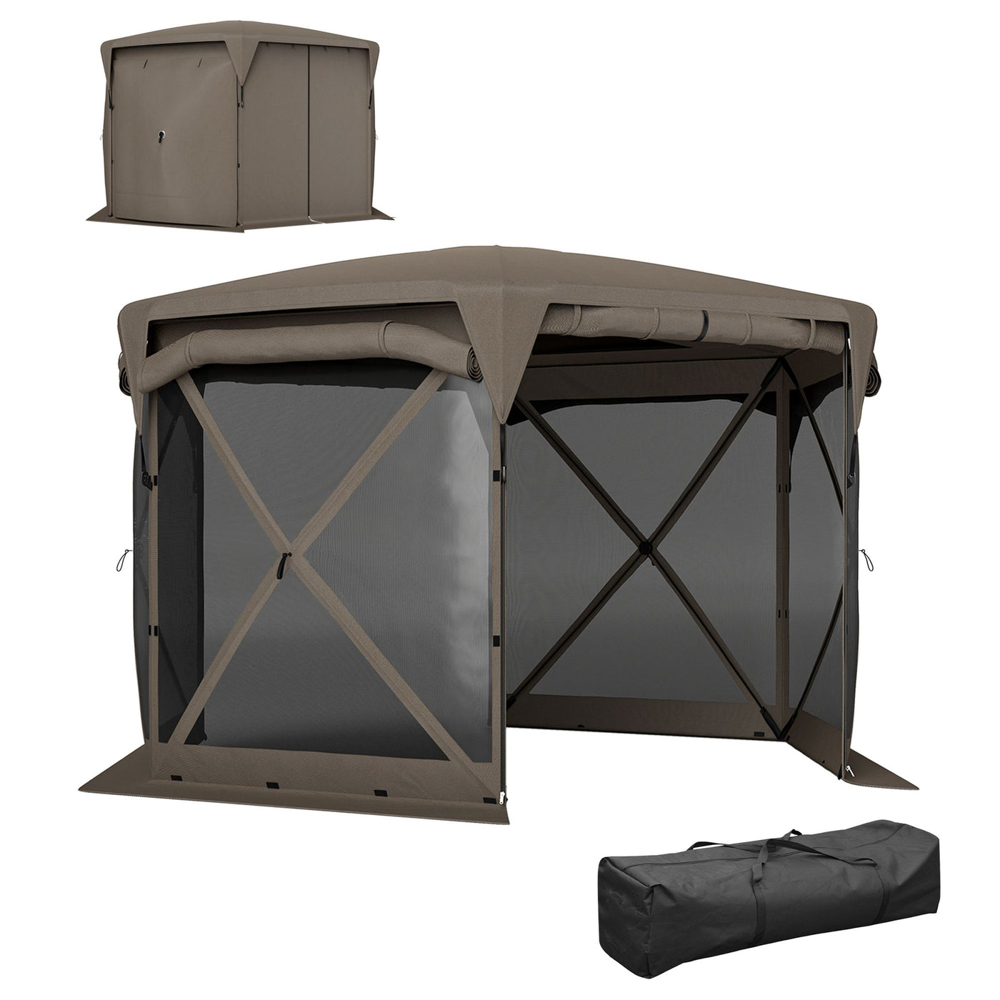 Outsunny 11 x 11ft Pop Up Gazebo Screen Tent with Removable Roof Cover, Roll-up Wind Panels for Camping, Backyard, Brown