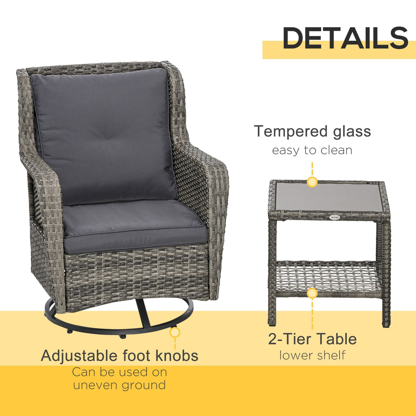 Outsunny Patio Pivotal 360°Rotating Rocking Bistro Set, Gray, Modern & Comfortable Outdoor Seating