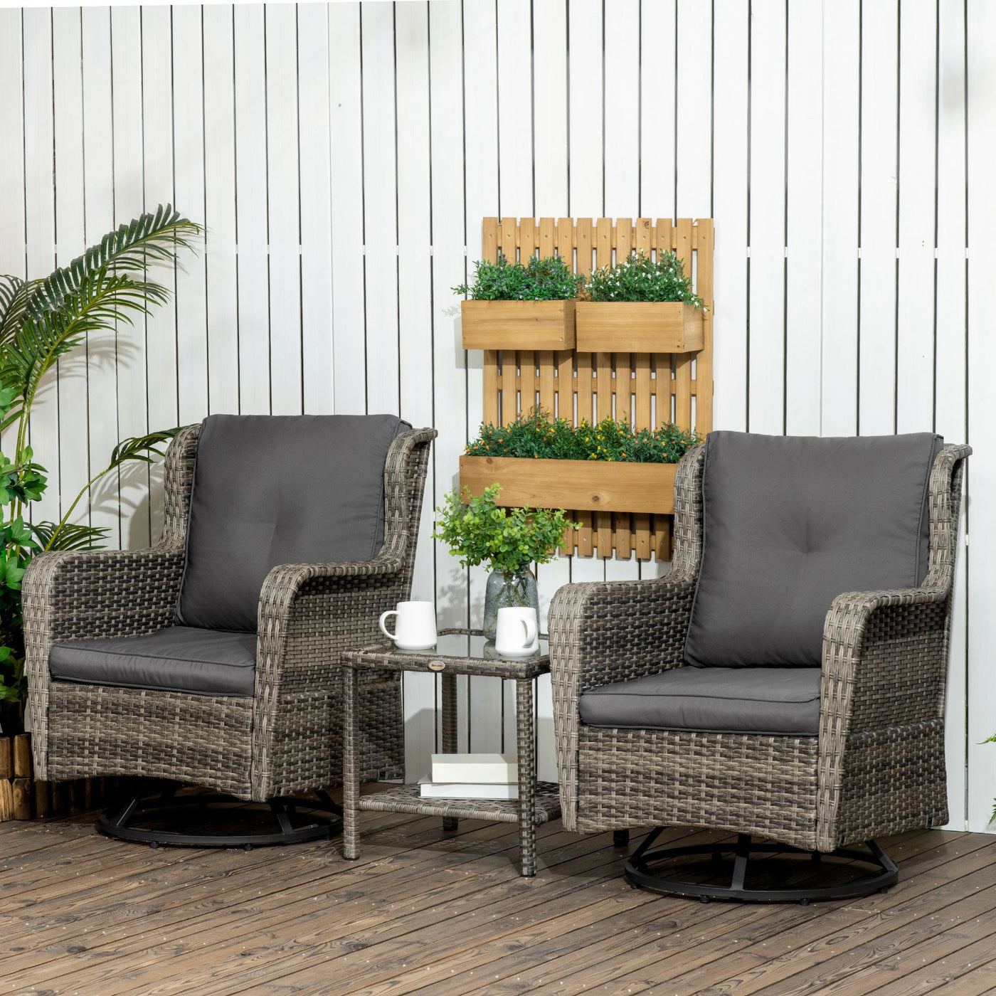 Outsunny Patio Pivotal 360°Rotating Rocking Bistro Set, Gray, Modern & Comfortable Outdoor Seating