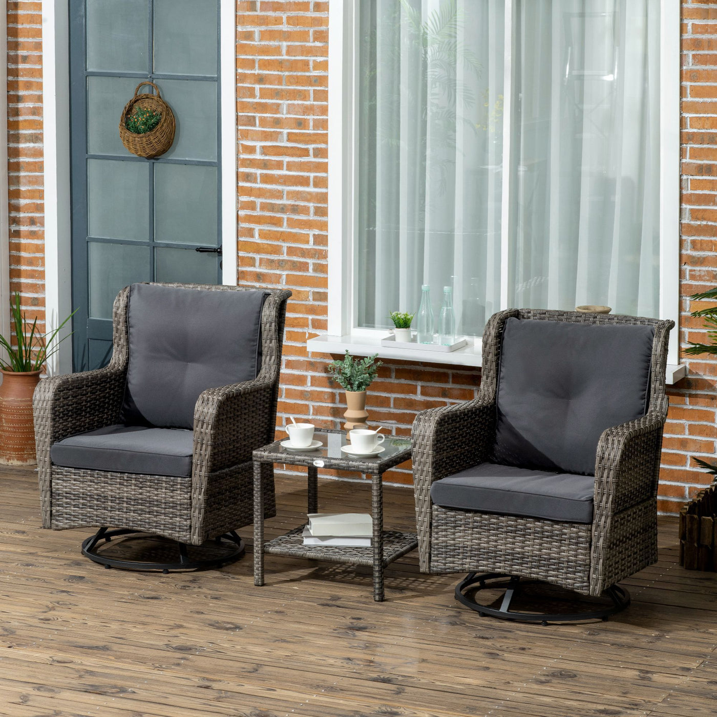 Outsunny Patio Pivotal 360°Rotating Rocking Bistro Set, Gray, Modern & Comfortable Outdoor Seating