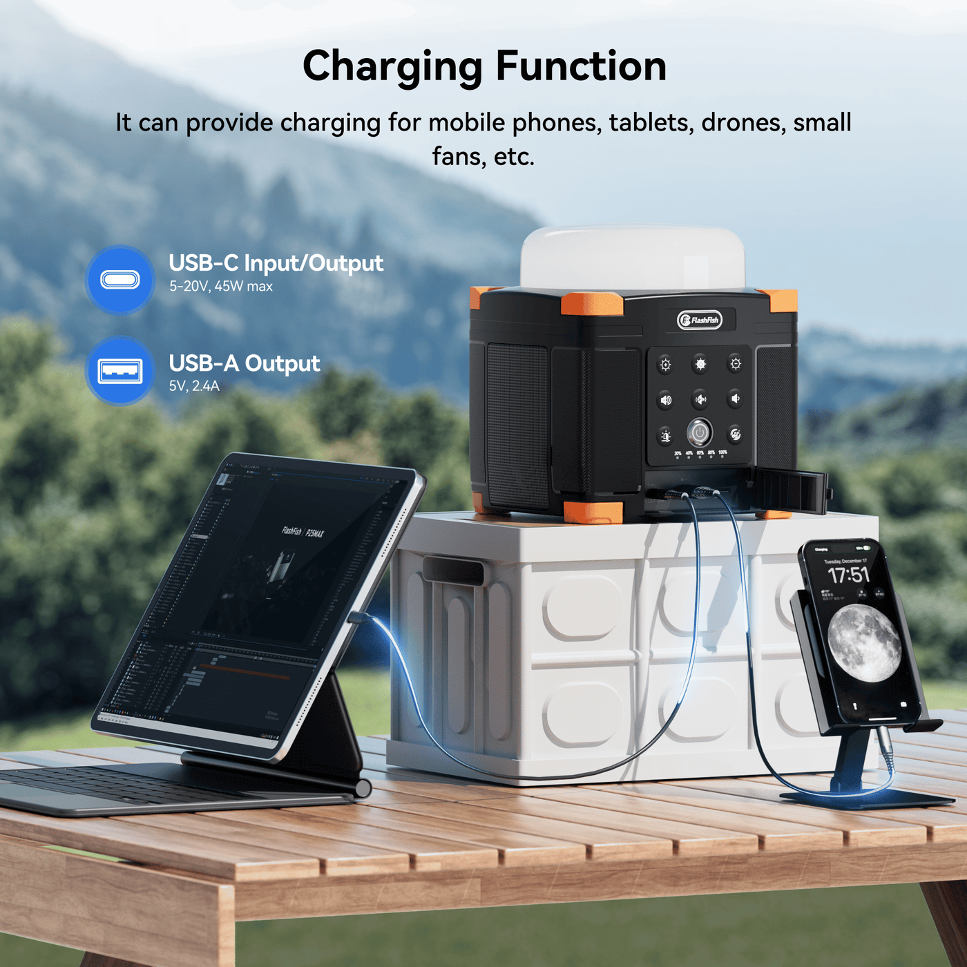 Flashfish FL9-A Multi-function Bluetooth Speaker | 56Wh Power Bank | Camping Light, 360° Surround Sound, USB-C, Bluetooth 5.0, 3-in-1 Power/Speaker/Home, Party, Outdoor Lighting