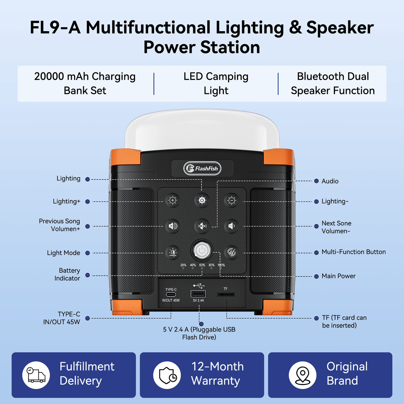 Flashfish FL9-A Multi-function Bluetooth Speaker | 56Wh Power Bank | Camping Light, 360° Surround Sound, USB-C, Bluetooth 5.0, 3-in-1 Power/Speaker/Home, Party, Outdoor Lighting