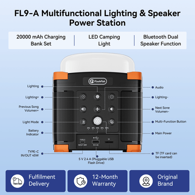 Flashfish FL9-A Multi-function Bluetooth Speaker | 56Wh Power Bank | Camping Light, 360° Surround Sound, USB-C, Bluetooth 5.0, 3-in-1 Power/Speaker/Home, Party, Outdoor Lighting