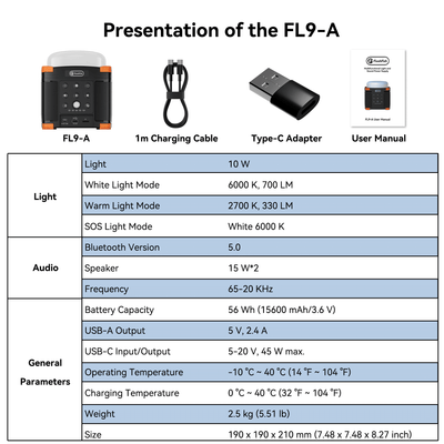 Flashfish FL9-A Multi-function Bluetooth Speaker | 56Wh Power Bank | Camping Light, 360° Surround Sound, USB-C, Bluetooth 5.0, 3-in-1 Power/Speaker/Home, Party, Outdoor Lighting