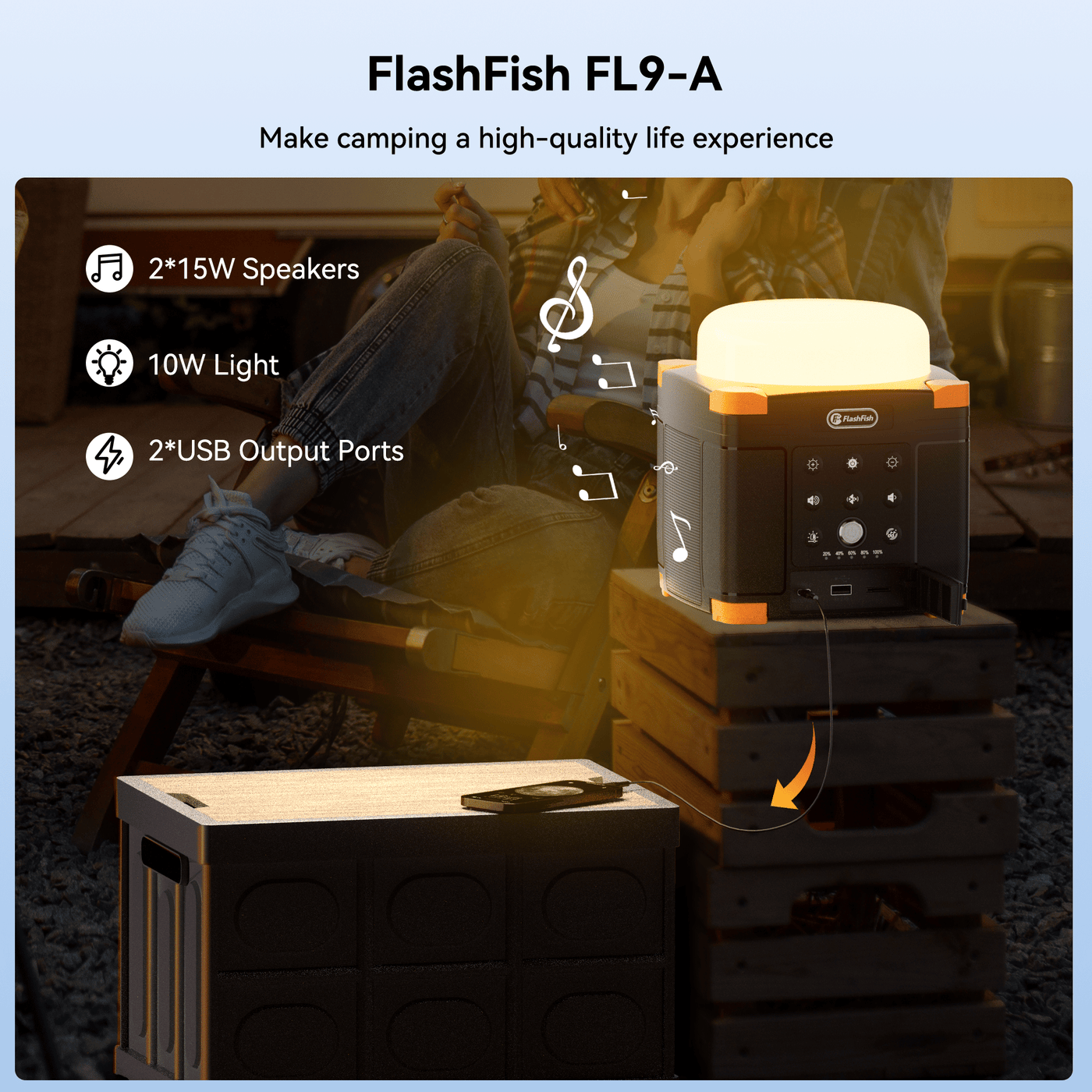 Flashfish FL9-A Multi-function Bluetooth Speaker | 56Wh Power Bank | Camping Light, 360° Surround Sound, USB-C, Bluetooth 5.0, 3-in-1 Power/Speaker/Home, Party, Outdoor Lighting