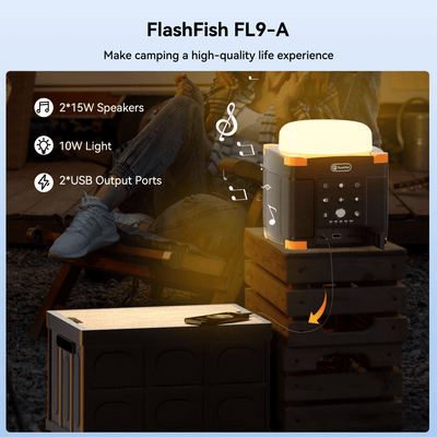 Flashfish FL9-A Multi-function Bluetooth Speaker | 56Wh Power Bank | Camping Light, 360° Surround Sound, USB-C, Bluetooth 5.0, 3-in-1 Power/Speaker/Home, Party, Outdoor Lighting