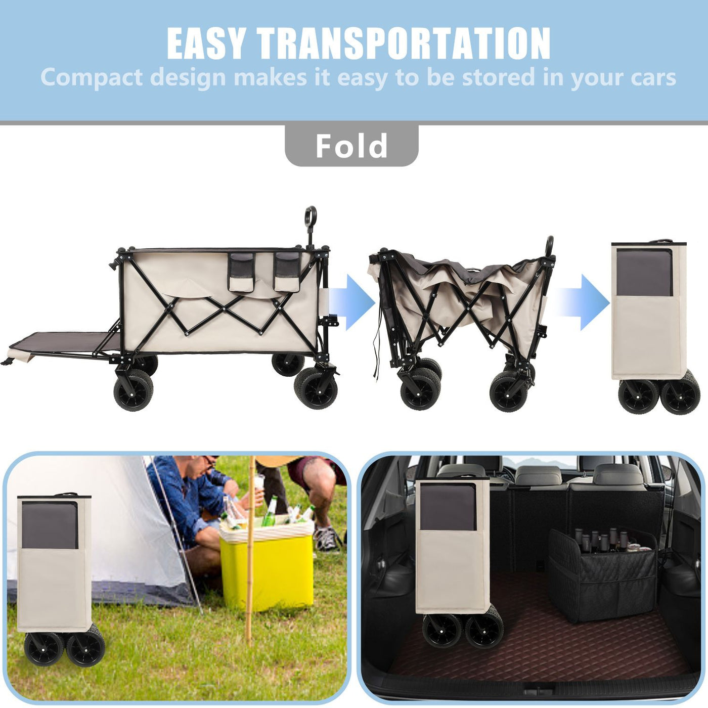 Foldable Wagon with Extended Tailgate, Extra Long Extender Wagon Cart,Beach Wagon Cart Heavy Duty 480LBS with Large All-Terrain Beach Wheels, khaki- Gray