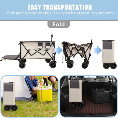 Foldable Wagon with Extended Tailgate, Extra Long Extender Wagon Cart,Beach Wagon Cart Heavy Duty 480LBS with Large All-Terrain Beach Wheels, khaki- Gray